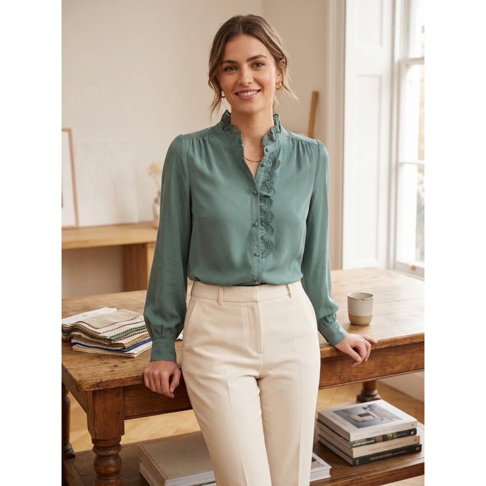 Lace Trim Scalloped Sezane Green Silk Button Up Blouse Size 40 (Size 8)